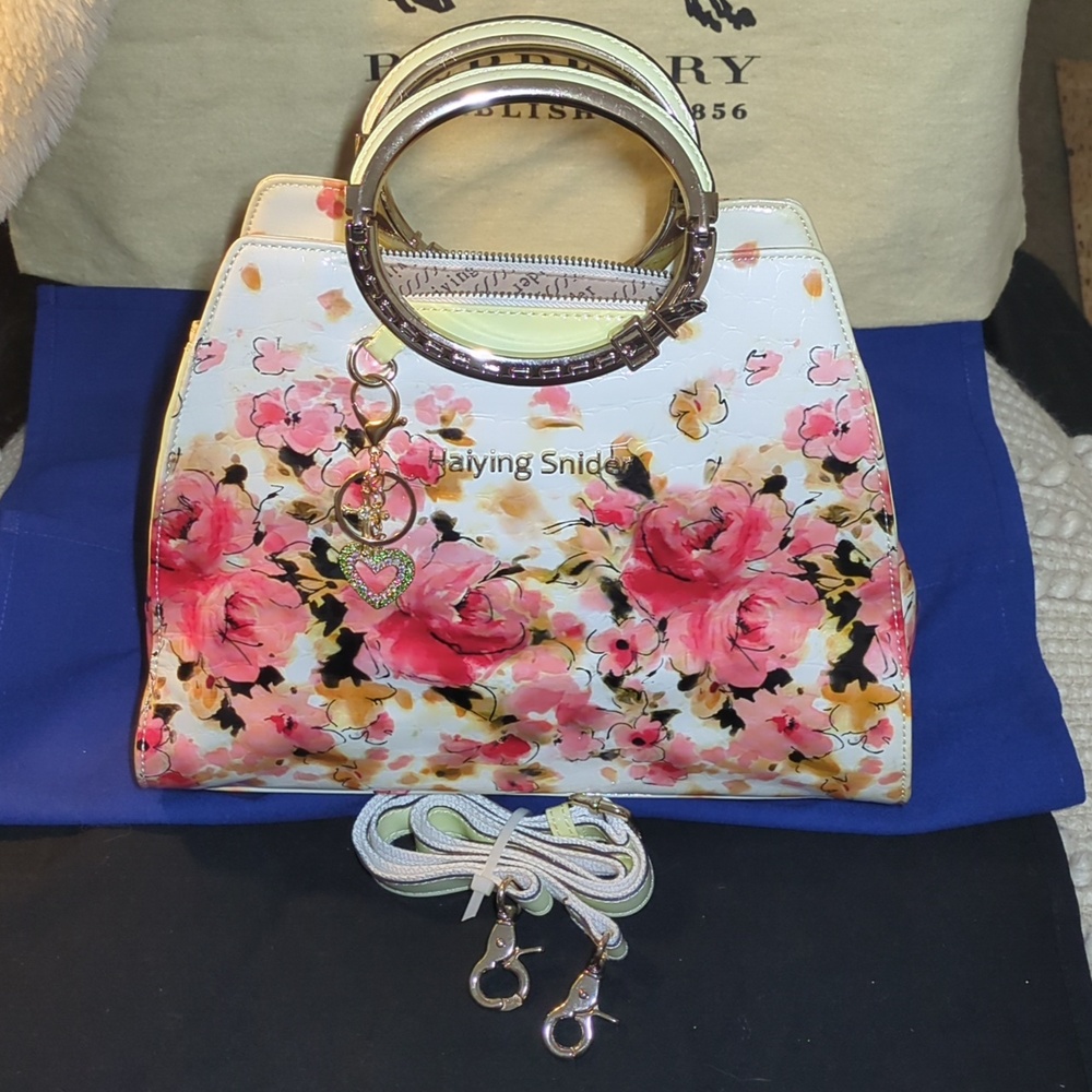 Floral Patent Top-Handle Handbag with Gold Hardware - Pink - Picture 3 of 11